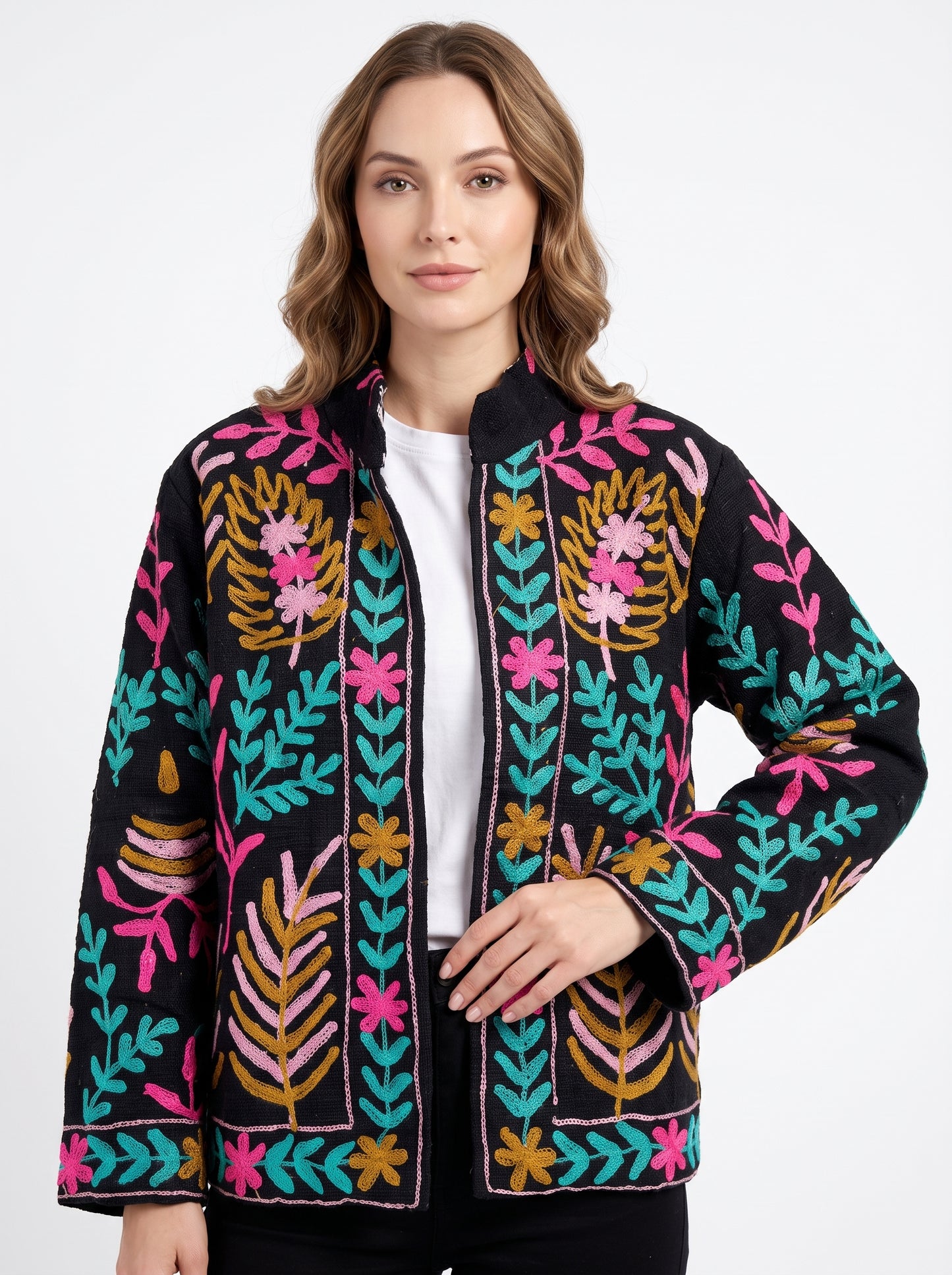 Women's Black Vine 1060 Suzani Reversible Velvet Jacket – Artistic Embroidered Statement Jacket