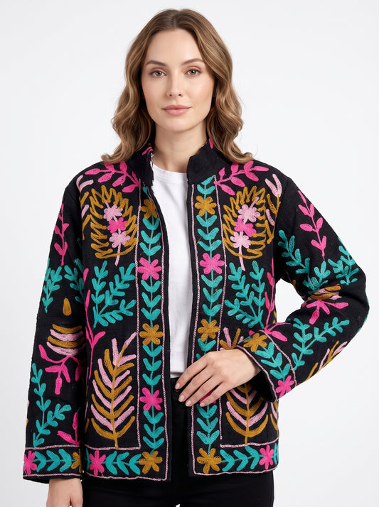 Women's Black Vine 1060 Suzani Reversible Velvet Jacket – Artistic Embroidered Statement Jacket