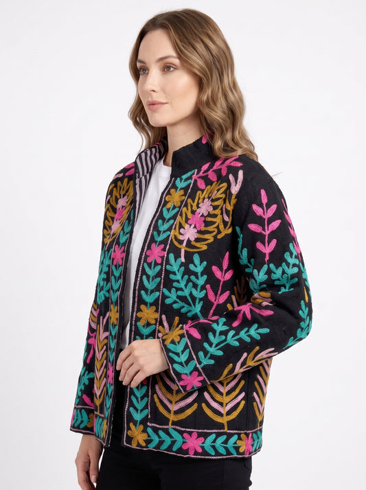 Women's Black Vine 1060 Suzani Reversible Velvet Jacket – Artistic Embroidered Statement Jacket