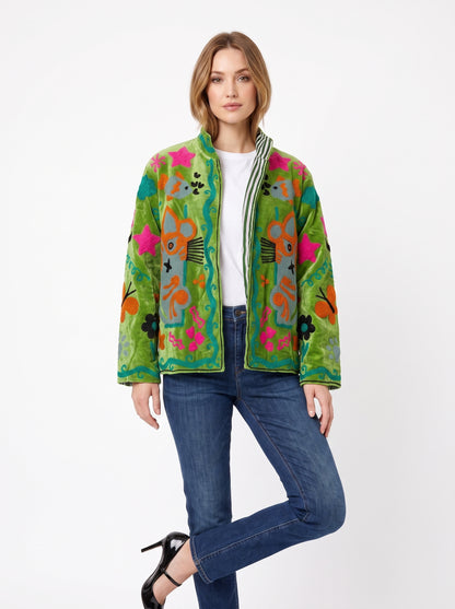 Women's Green Classic 1027 Suzani Reversible Velvet Jacket – Artistic Embroidered Statement Jacket