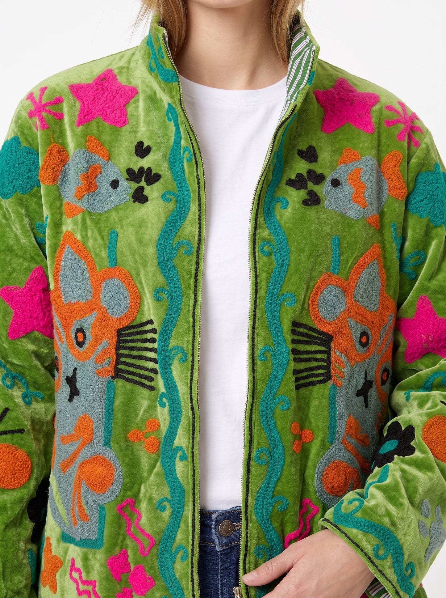 Women's Green Classic 1027 Suzani Reversible Velvet Jacket – Artistic Embroidered Statement Jacket
