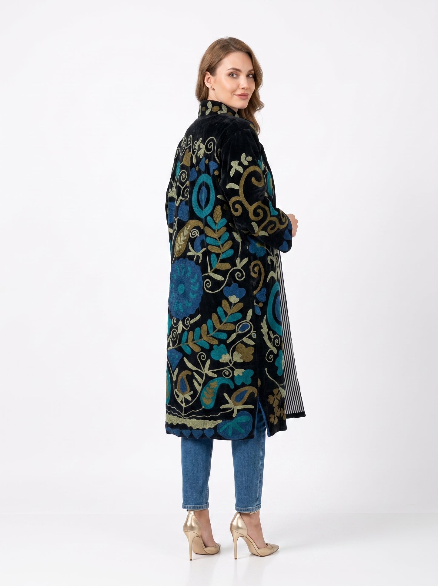 Women's 1025 Suzani Reversible Velvet Long Jacket – Artistic Embroidered Statement Jacket