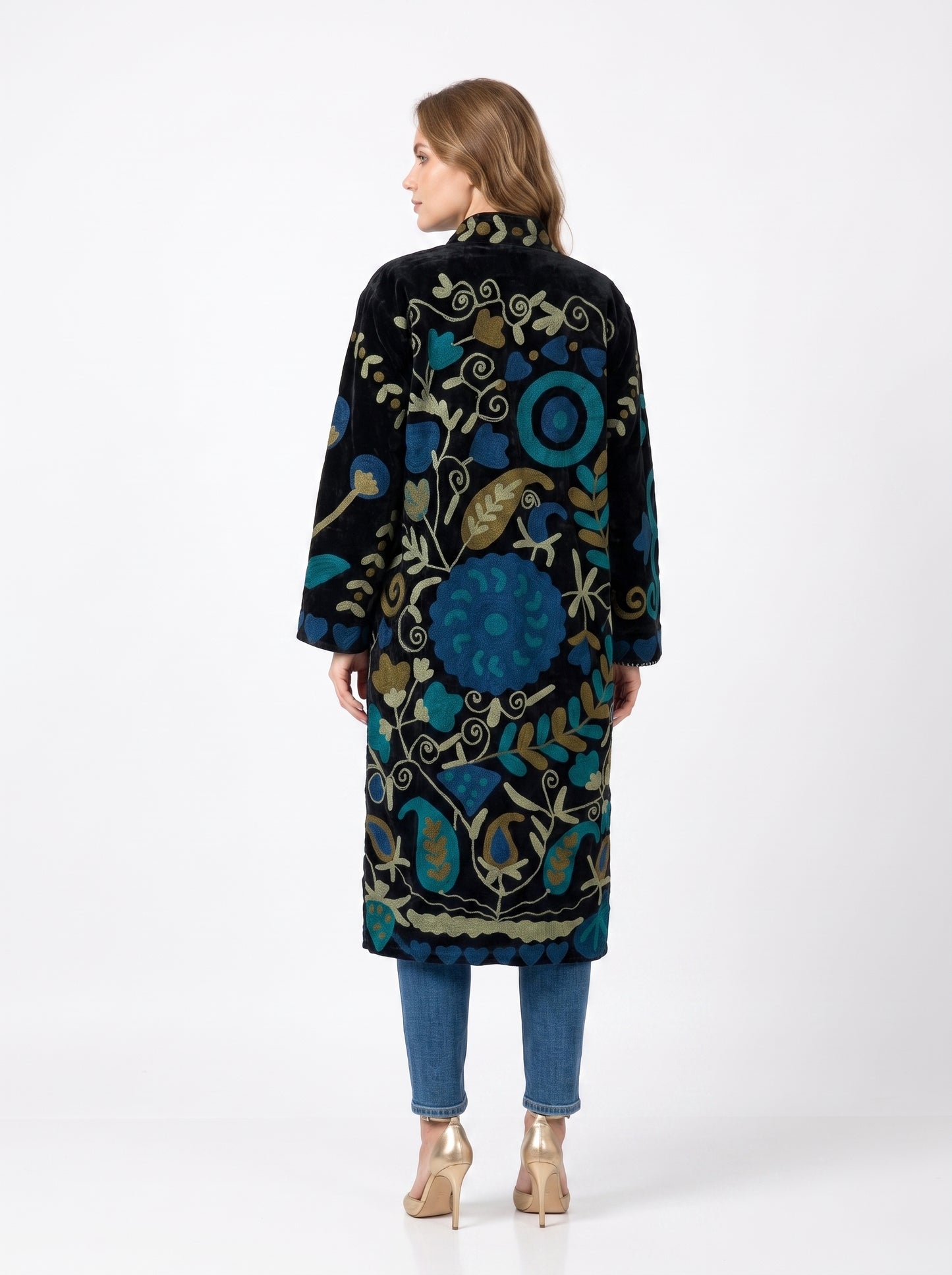 Women's 1025 Suzani Reversible Velvet Long Jacket – Artistic Embroidered Statement Jacket