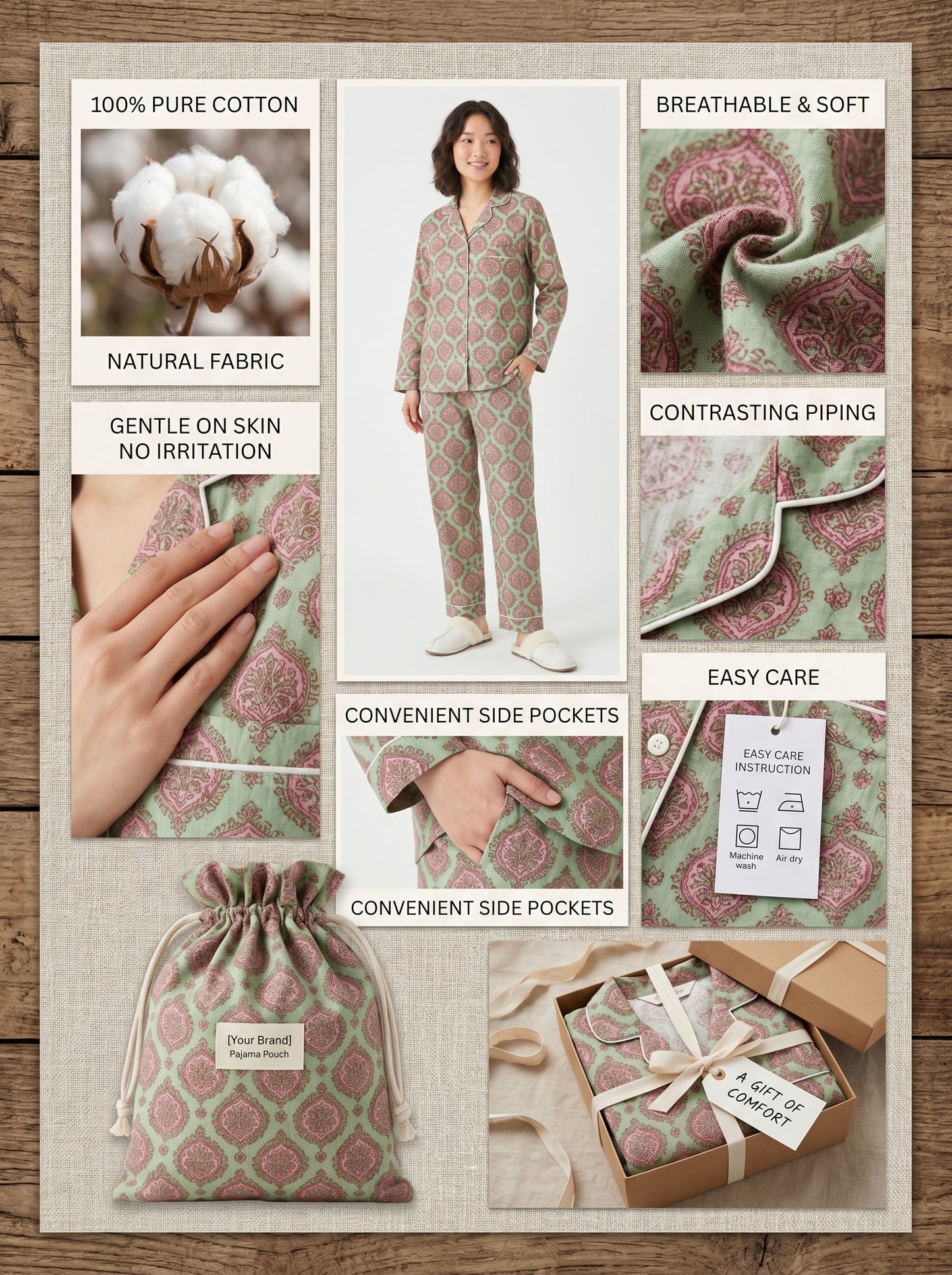 Women's Pastel Green Floral Cotton Night Suit Set – Two Piece Pajama Set