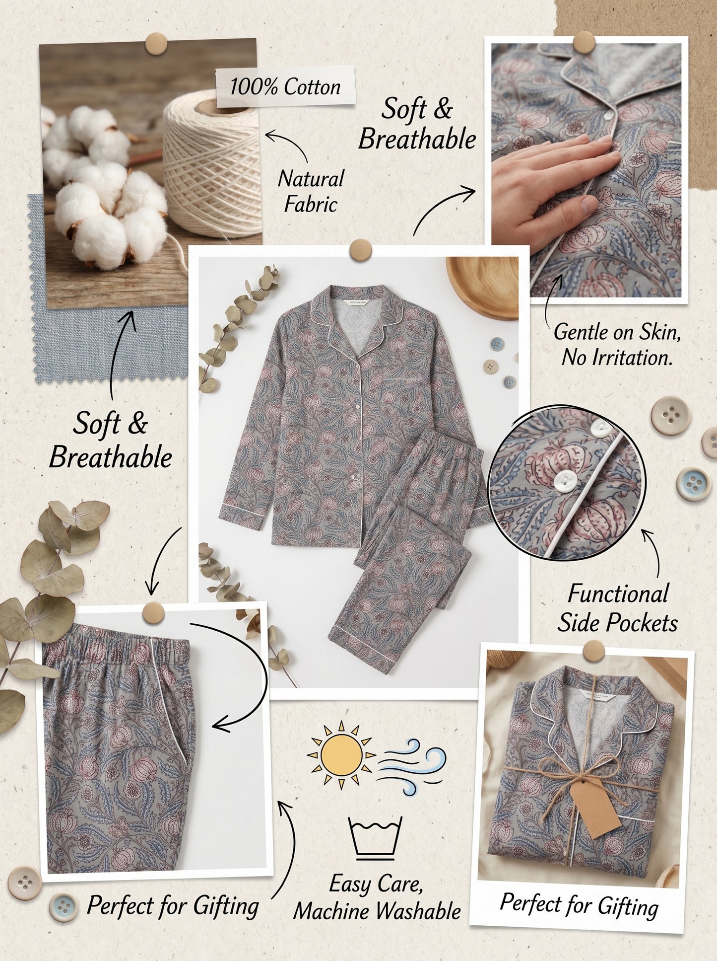 Women’s Grey Floral Cotton Night Suit Set– Cute Two Piece Pajama Set