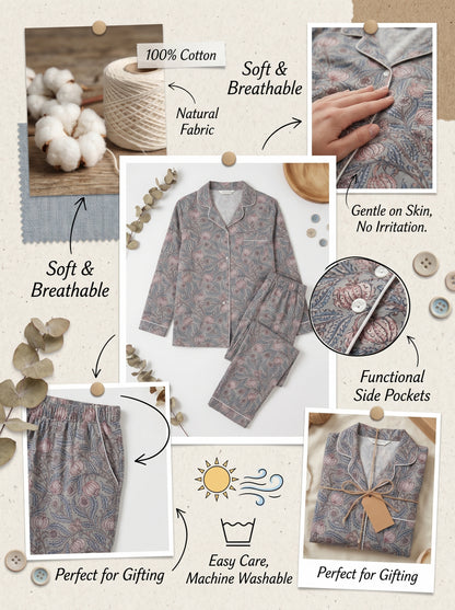 Women’s Grey Floral Cotton Night Suit Set– Cute Two Piece Pajama Set