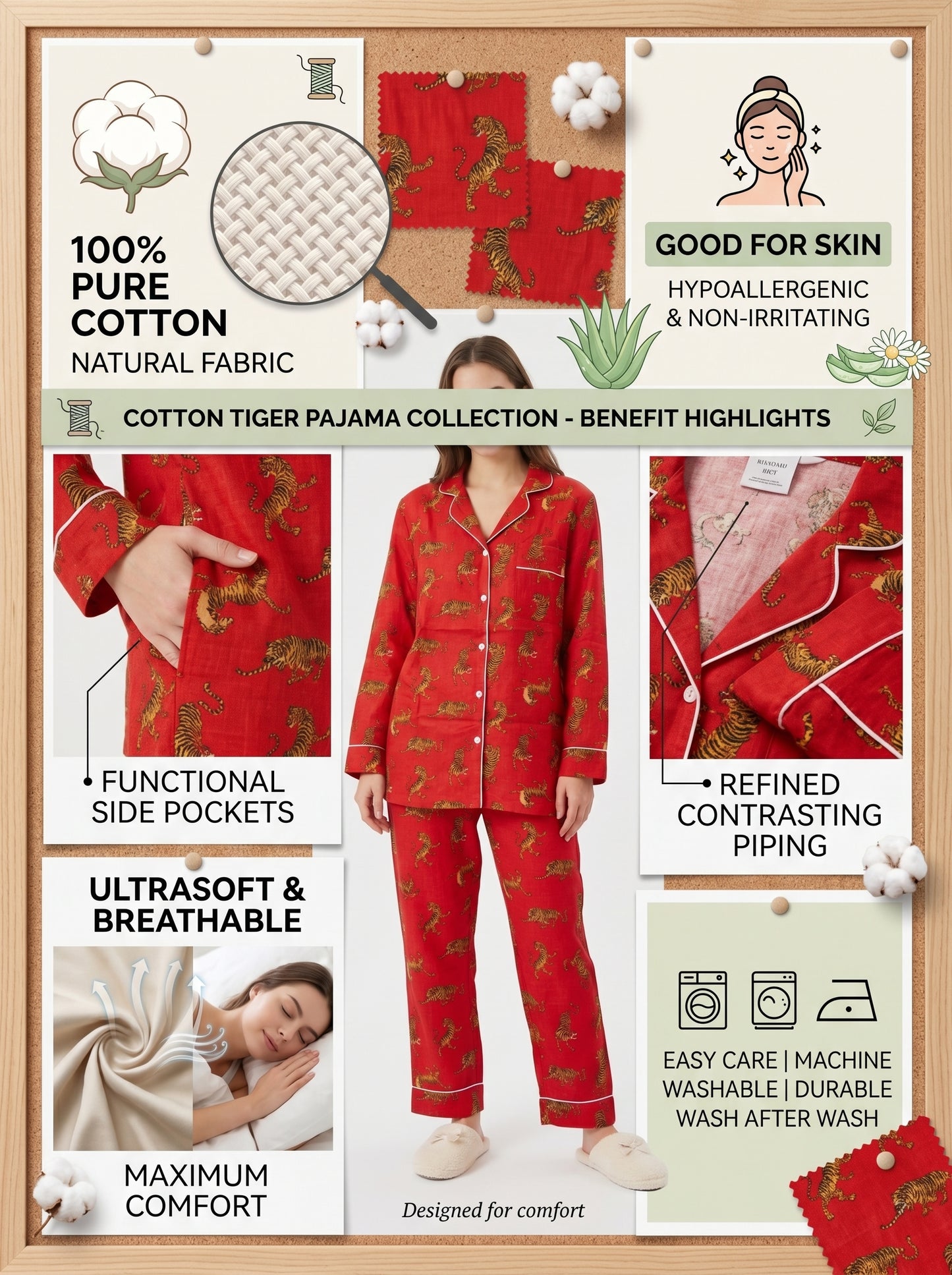 Women's Red Tiger Dreams Cotton Night Suit Set – Elegant Two Piece Pajama Set