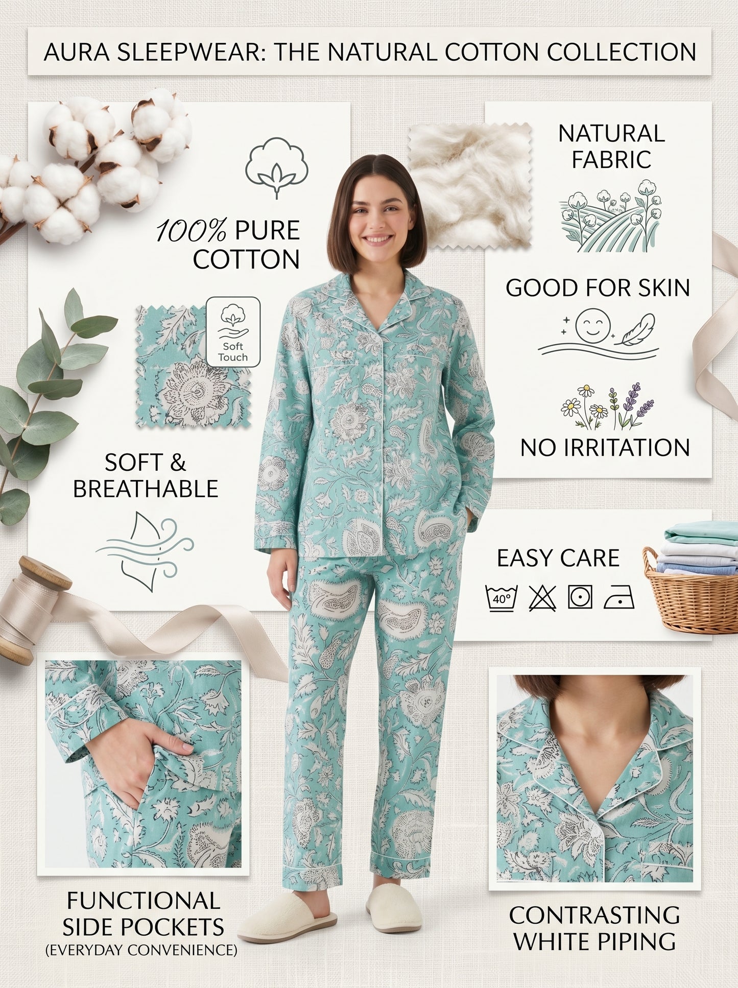 Women’s Mint Blue Cotton Night Suit Set - Elegant Two Piece Pajama Set