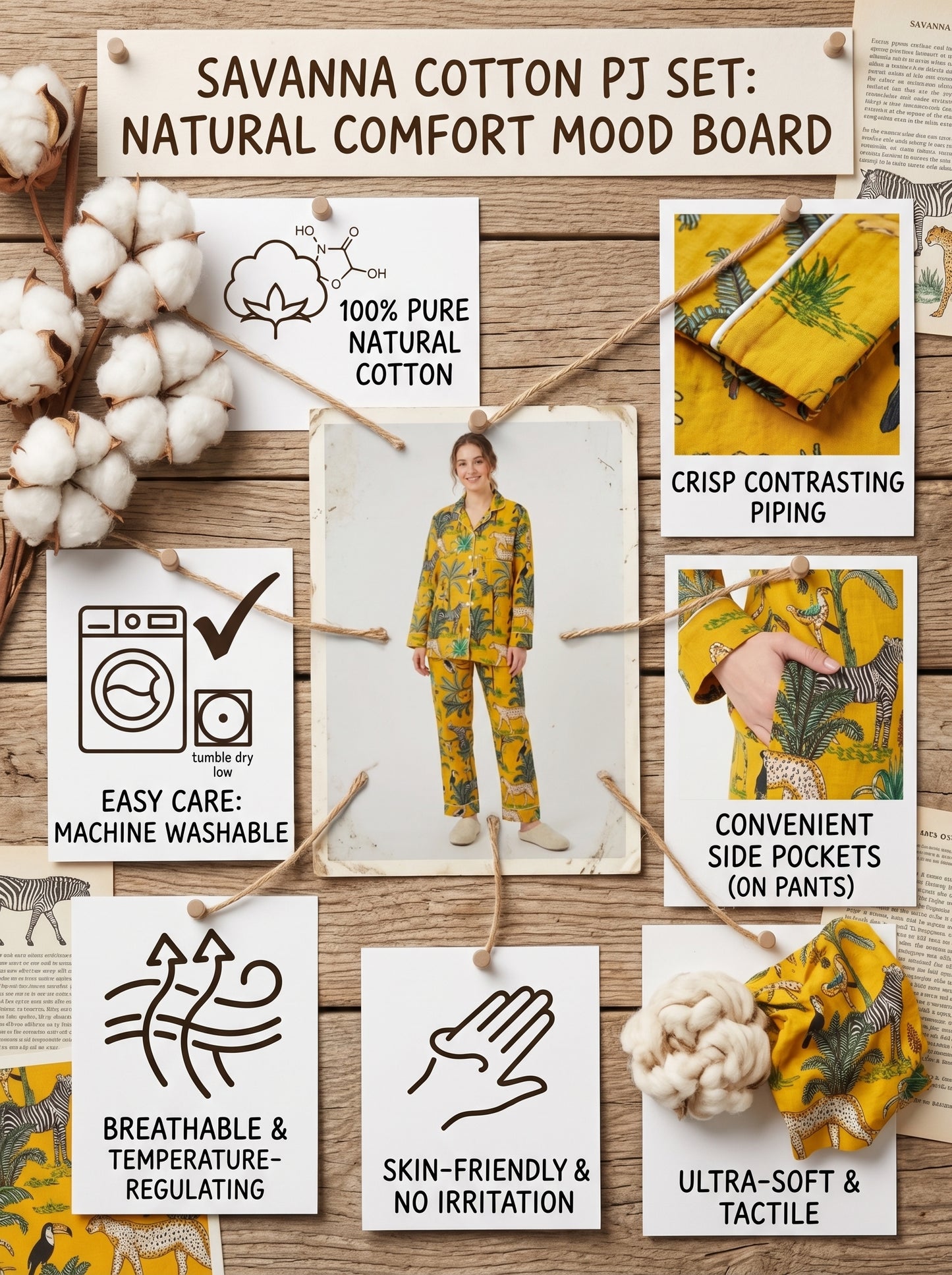 Women's Yellow Safari Print Cotton Night Suit Set – Elegant Two Piece Pajama Set