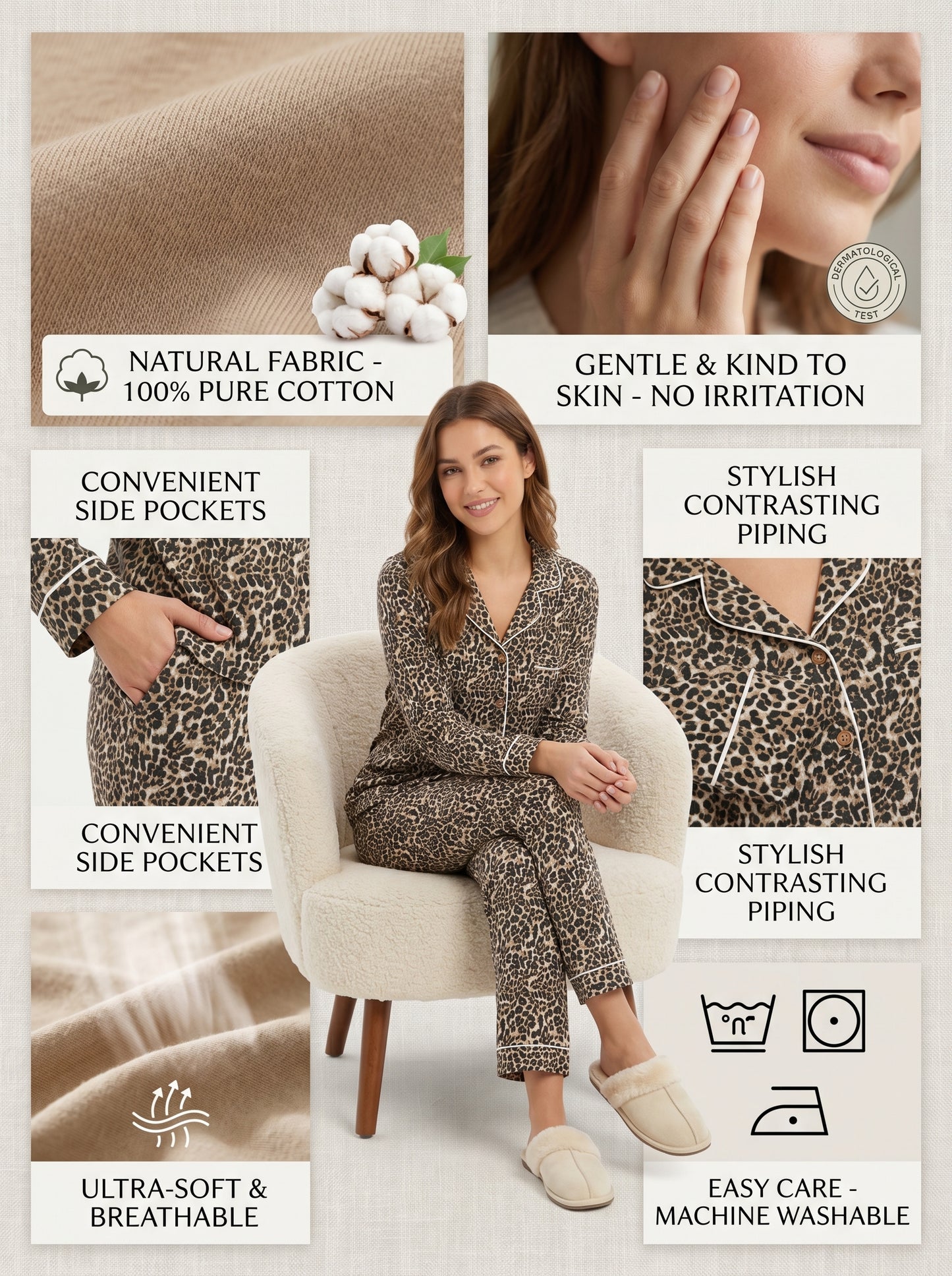 Women's Wild Brown Cheetah Nights Cotton Night Suit Set – Elegant Two Piece Pajama Set