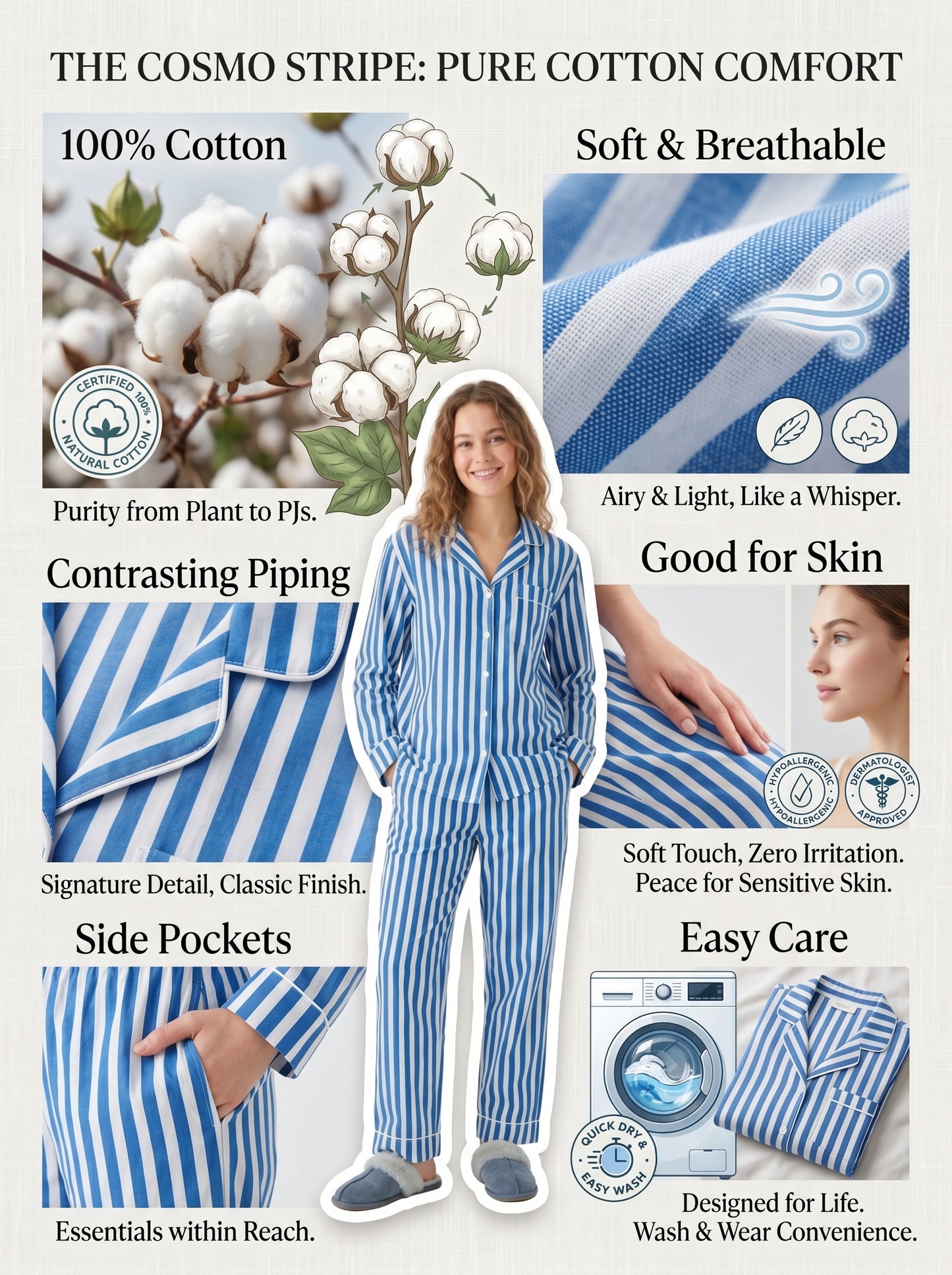 Women's Blue Breeze Stripes Cotton Night Suit Set – Elegant Two Piece Pajama Set