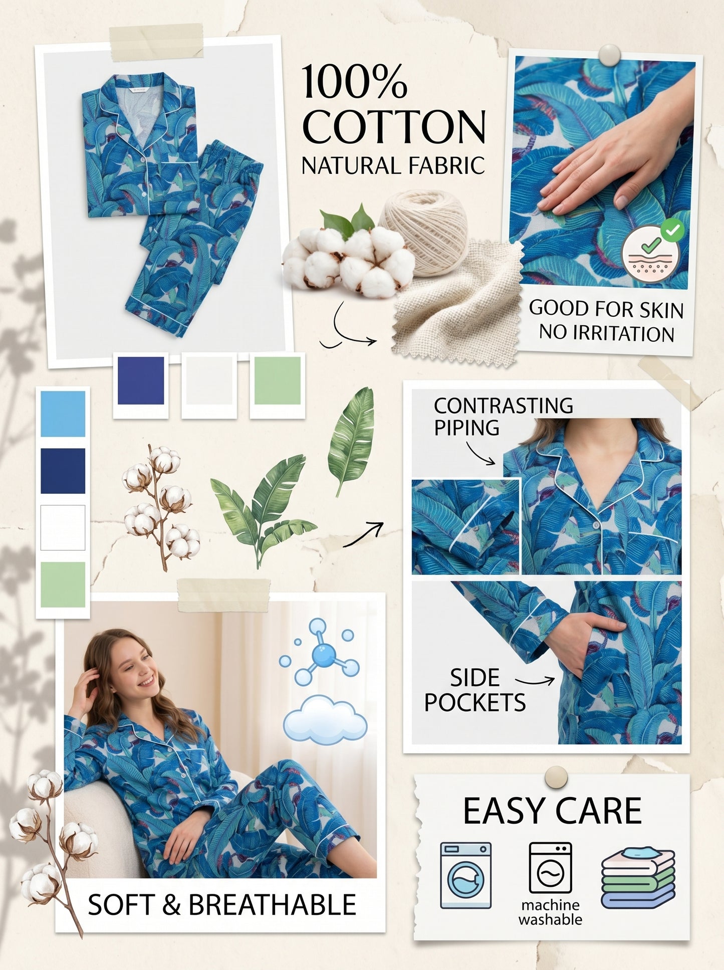 Women’s Blue Azure Leaf Dreams Cotton Night Suit Set – Cute Two Piece Pajama Set