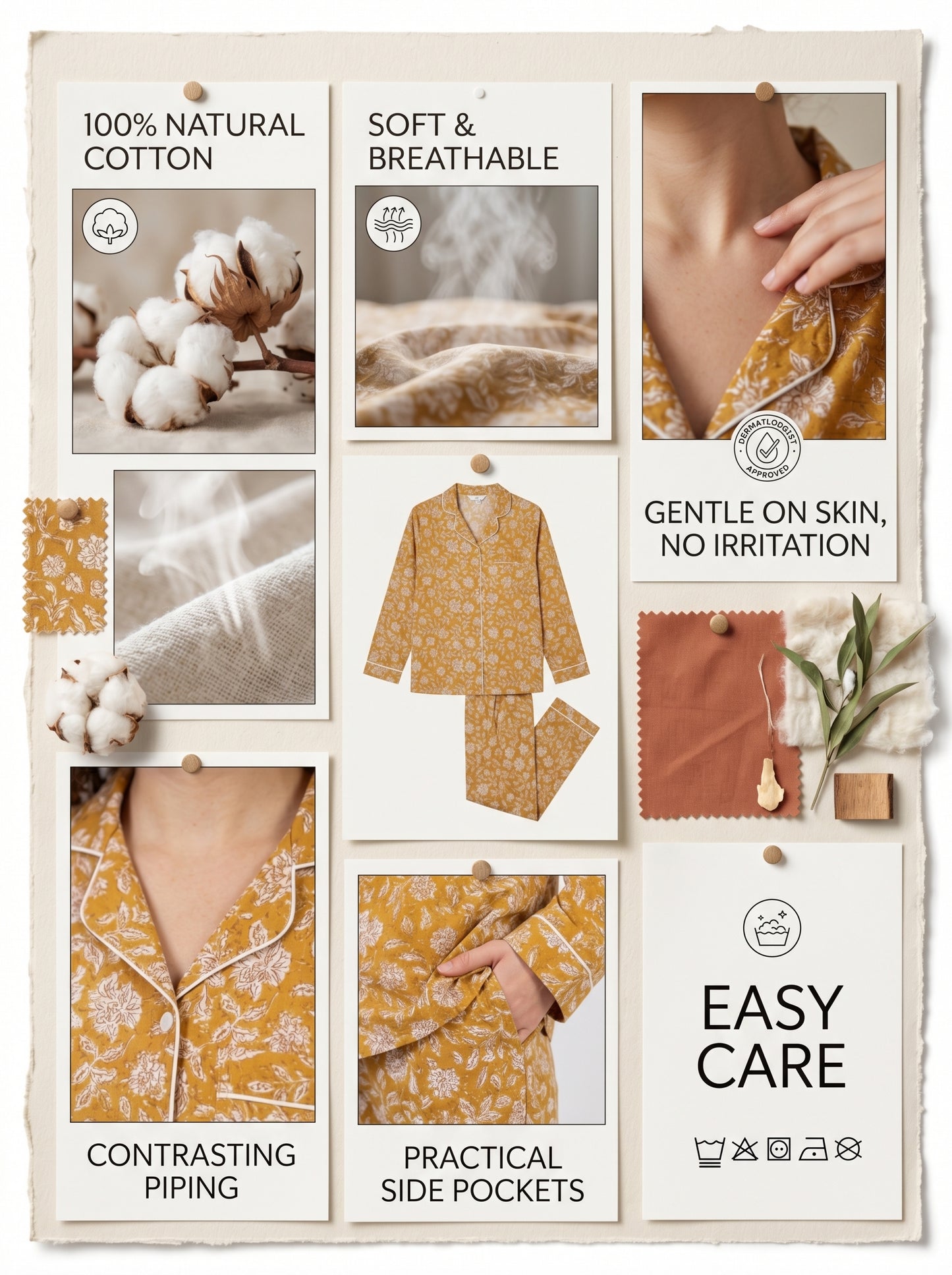 Women's Sun-Kissed Yellow Blooms Cotton Night Suit Set – Elegant Two Piece Pajama Set