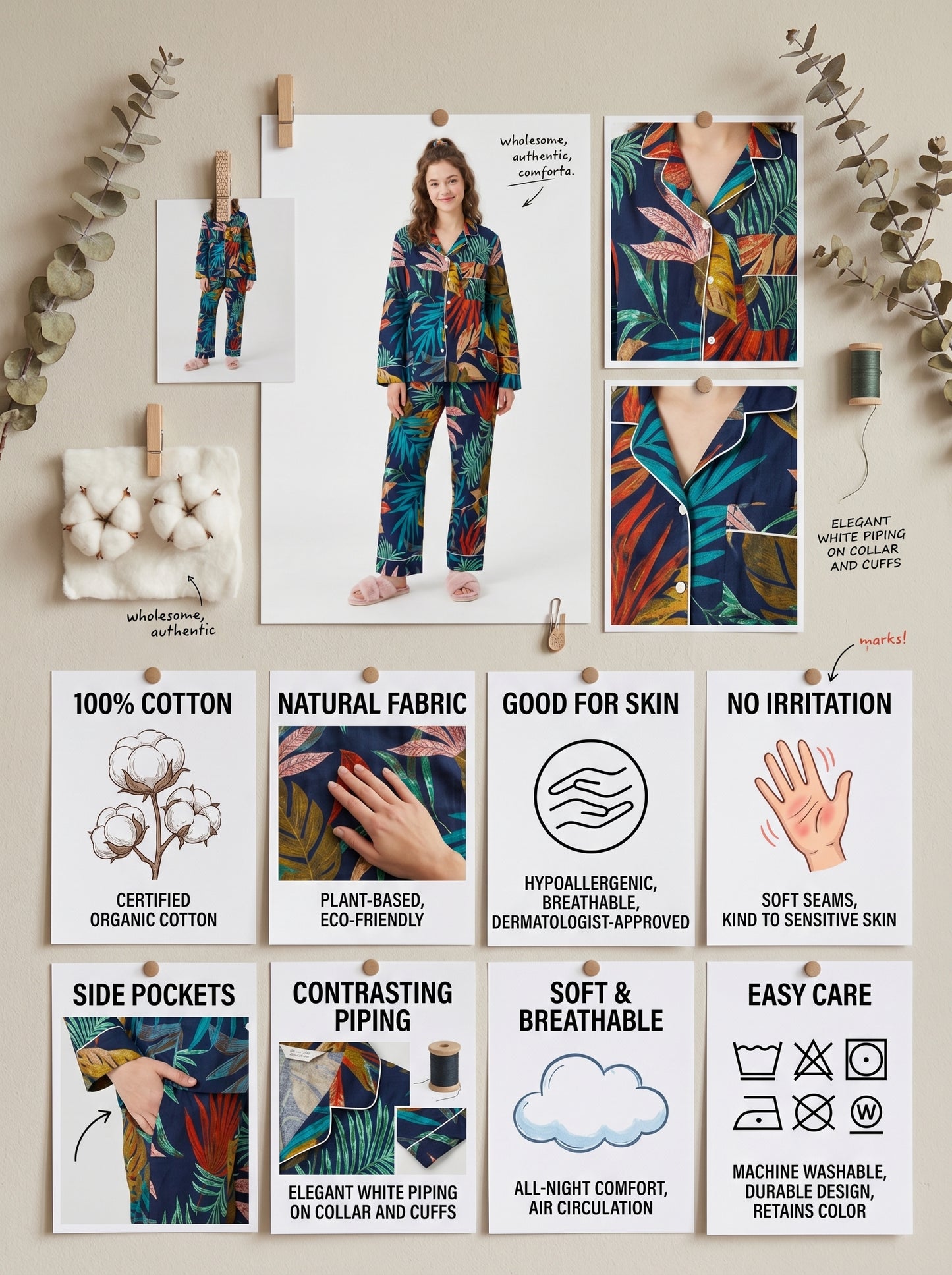 Women's Black Tropical Cotton Night Suit Set – Elegant Two Piece Pajama Set
