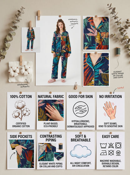 Women's Black Tropical Cotton Night Suit Set – Elegant Two Piece Pajama Set