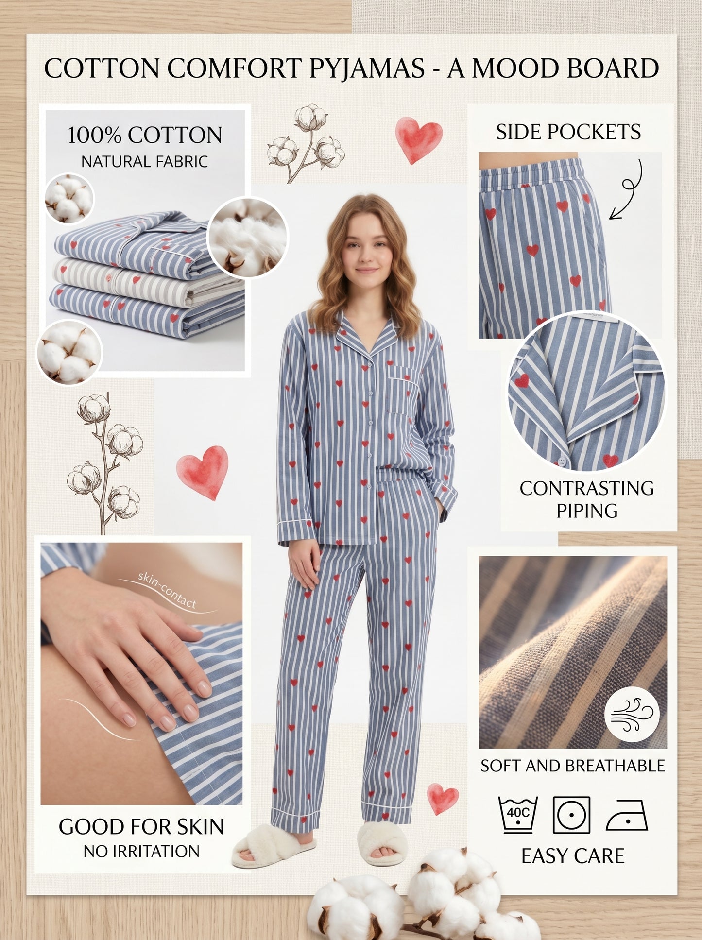 Women’s Grey Hearts Cotton Night Suit Set – Elegant Two Piece Pajama Set