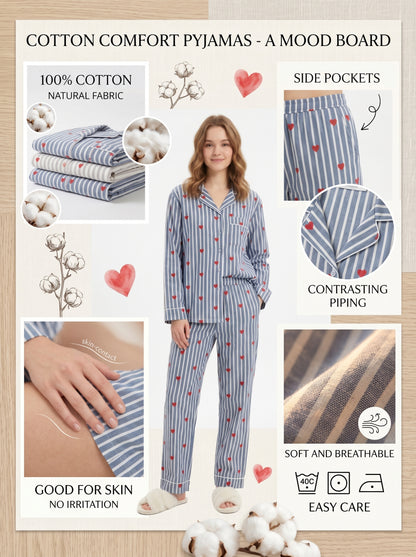 Women’s Grey Hearts Cotton Night Suit Set – Elegant Two Piece Pajama Set