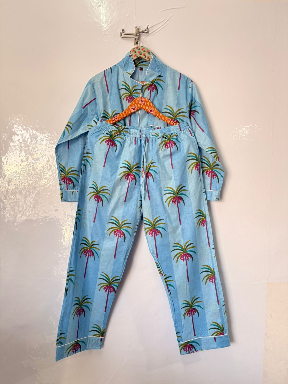 Women's Blue Palm Tree – Elegant Two Piece Cotton Pajama Set