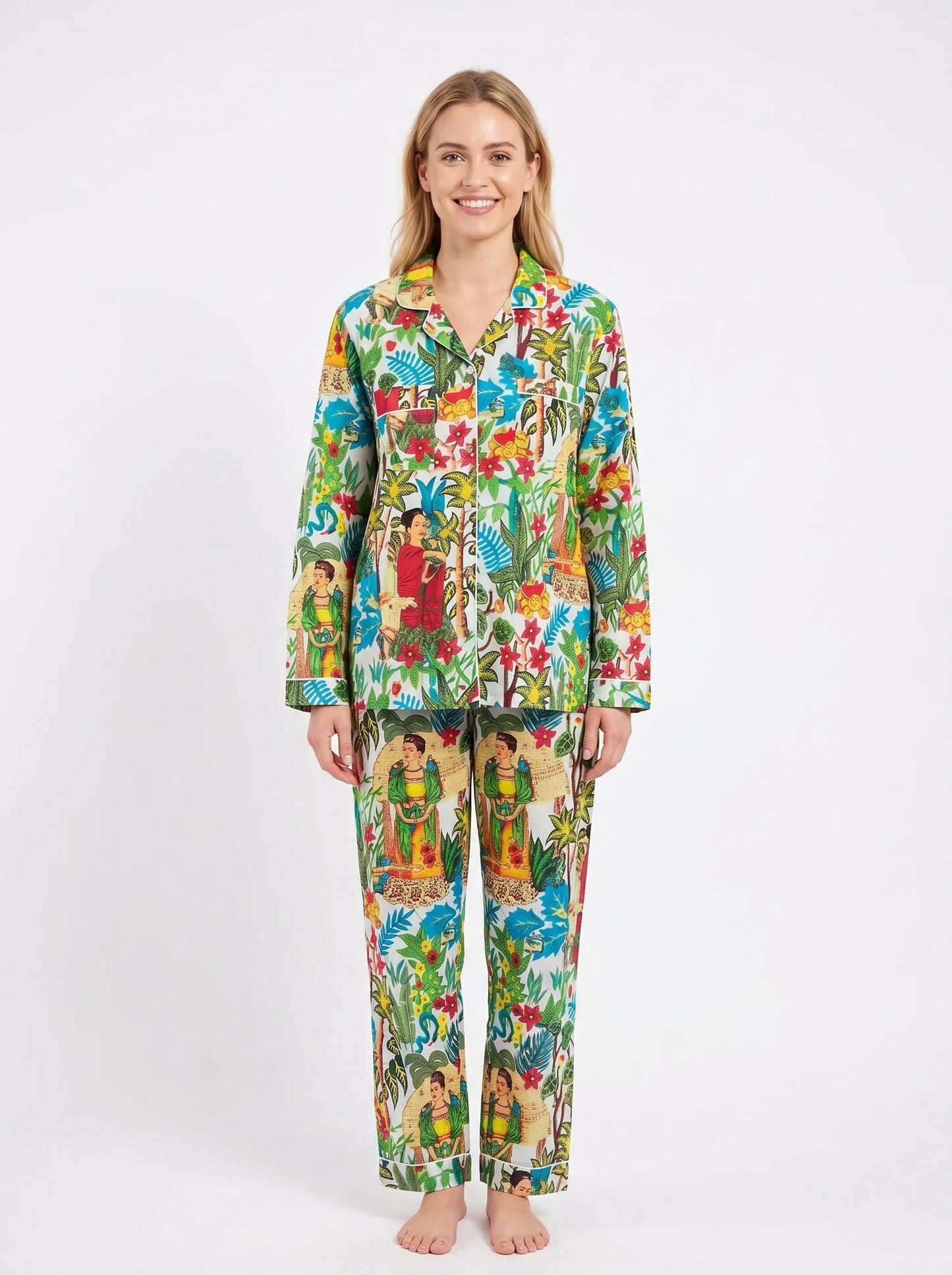 Women's White Farida Print Cotton Night Suit Set – Two Piece Pajama Set