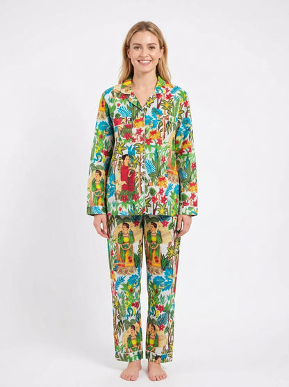Women's White Farida Print Cotton Night Suit Set – Two Piece Pajama Set