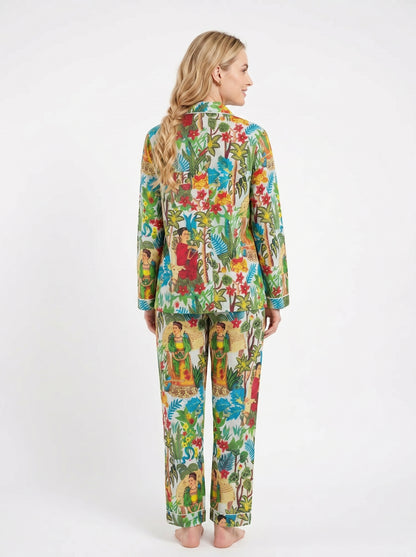 Women's White Farida Print Cotton Night Suit Set – Two Piece Pajama Set