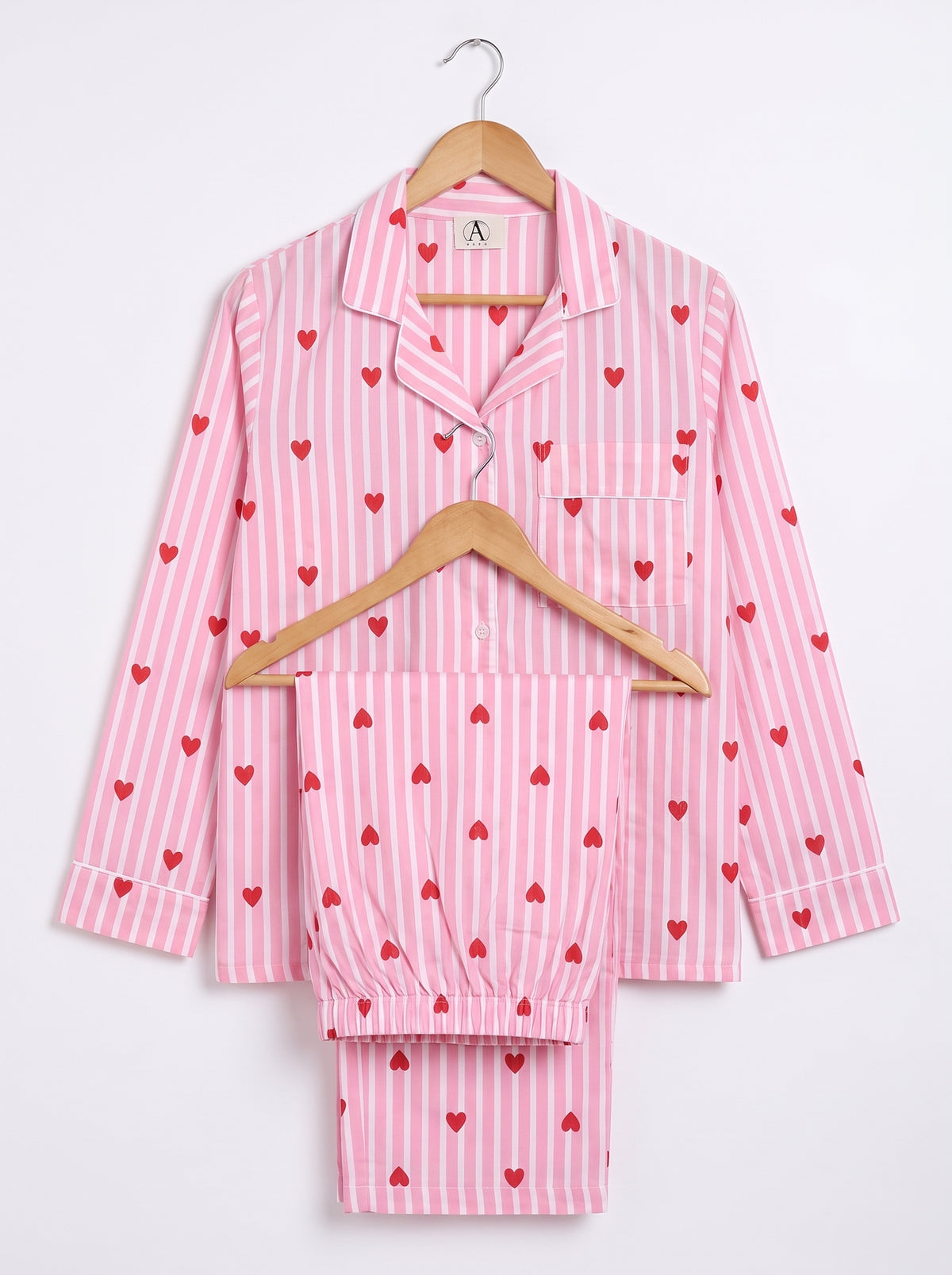 Women’s Baby Pink Heart Riot – Elegant Two Piece Cotton Pajama Set