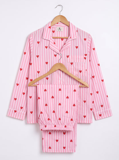 Women’s Baby Pink Heart Riot – Elegant Two Piece Cotton Pajama Set