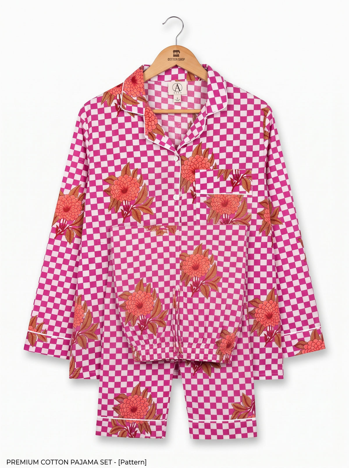 Women’s Pink Check Bloom – Elegant Two Piece Cotton Pajama Set