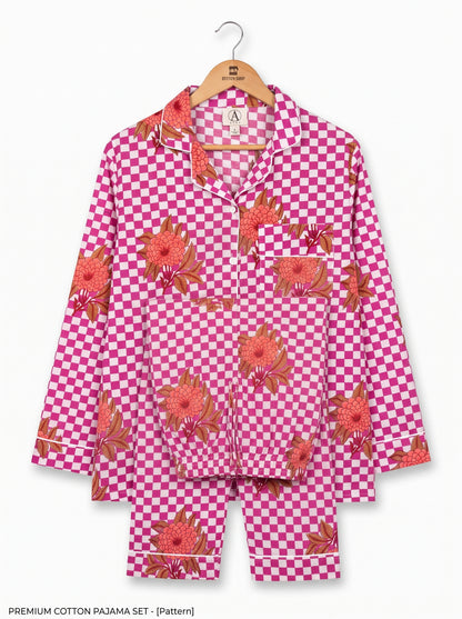 Women’s Pink Check Bloom – Elegant Two Piece Cotton Pajama Set