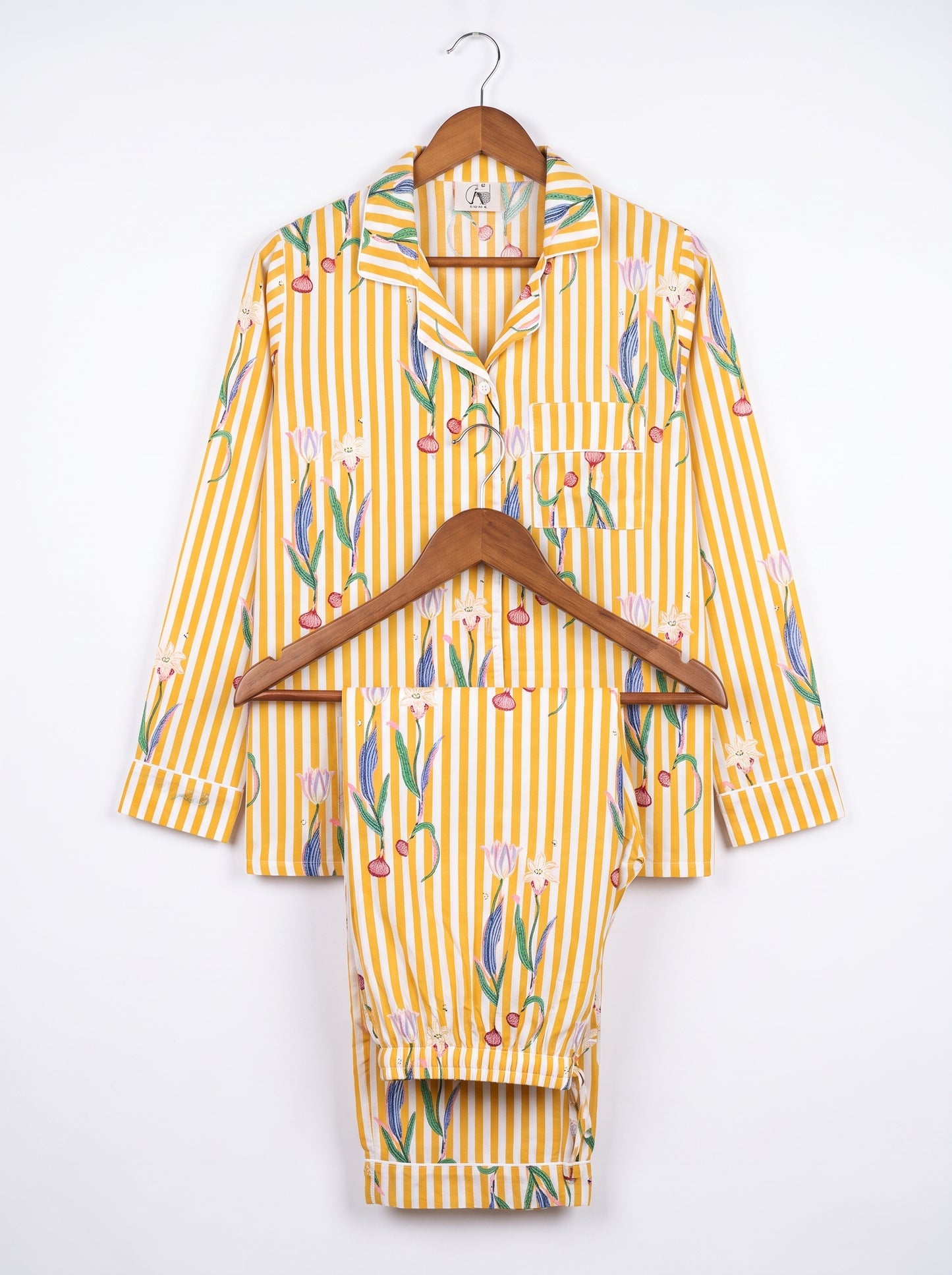 Women's Yellow Onion Stripe – Elegant Two Piece Cotton Pajama Set