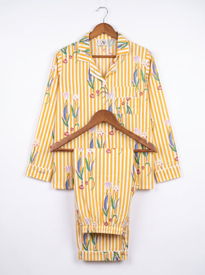 Women's Yellow Onion Stripe – Elegant Two Piece Cotton Pajama Set