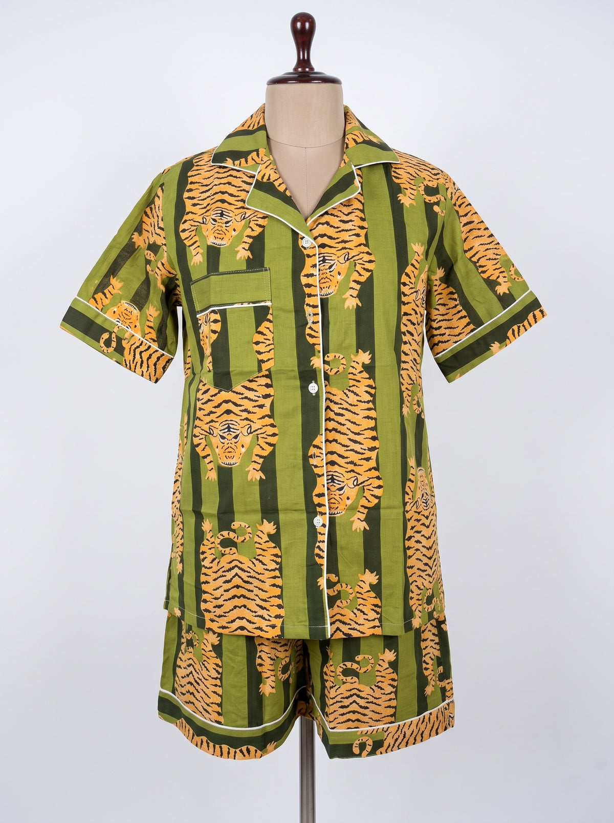 Women’s Green Stripes Tiger– Elegant Two Piece Short Pajama Set