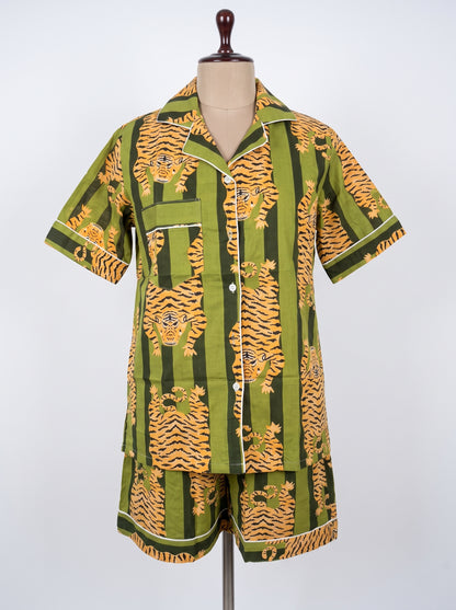 Women’s Green Stripes Tiger– Elegant Two Piece Short Pajama Set