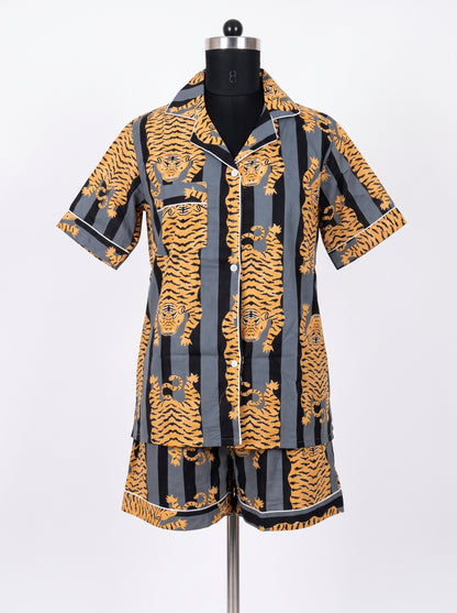 Women’s Black Stripes Tiger – Elegant Two Piece Short Pajama Set