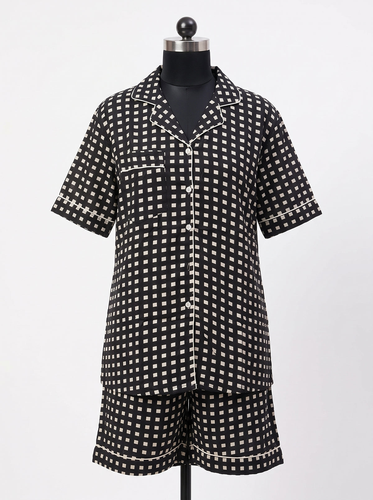 Women’s Black Checkered – Elegant Two Piece Short Pajama Set