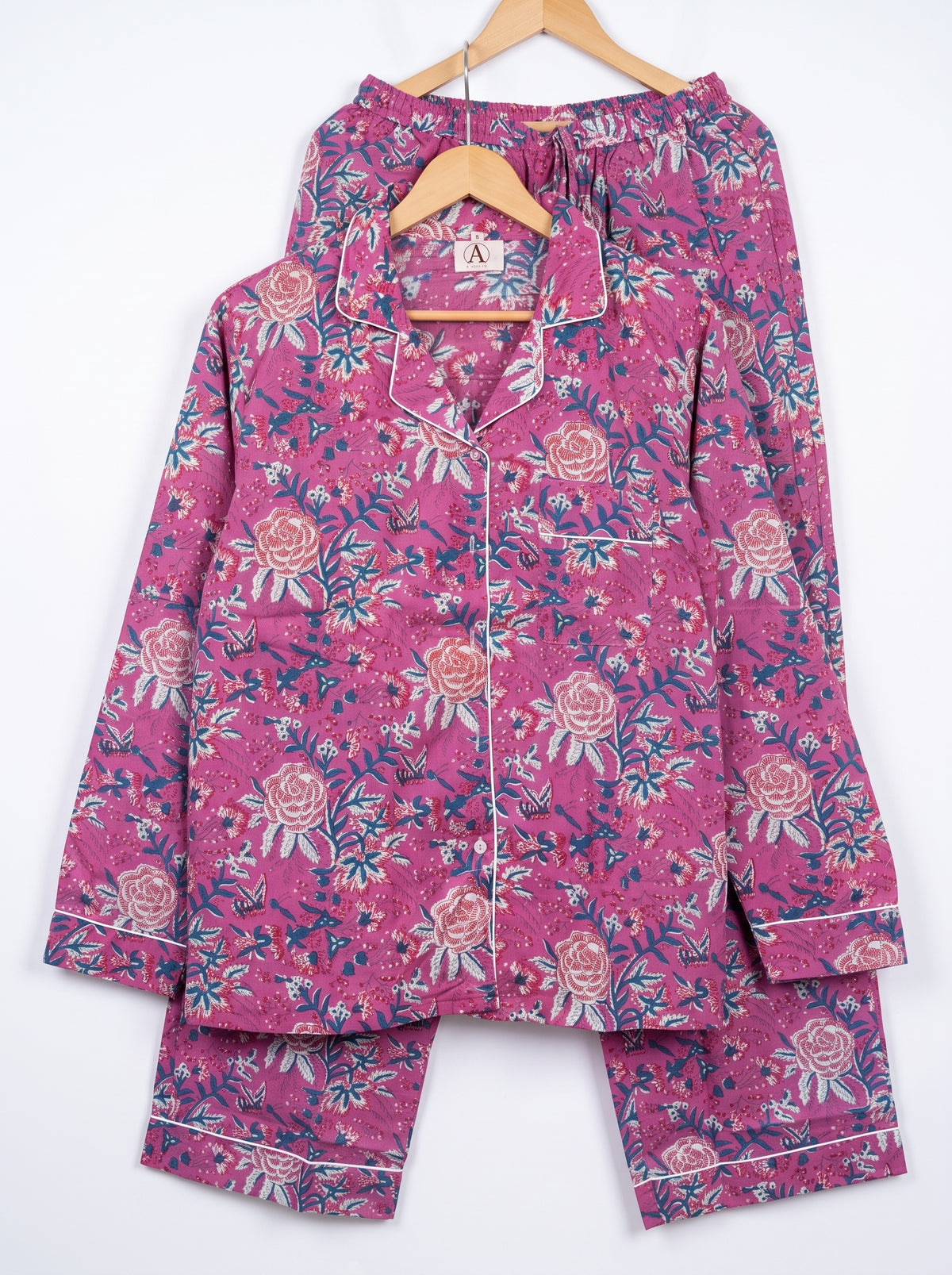 Women’s Pink Bloom Riot – Elegant Two Piece Cotton Pajama Set