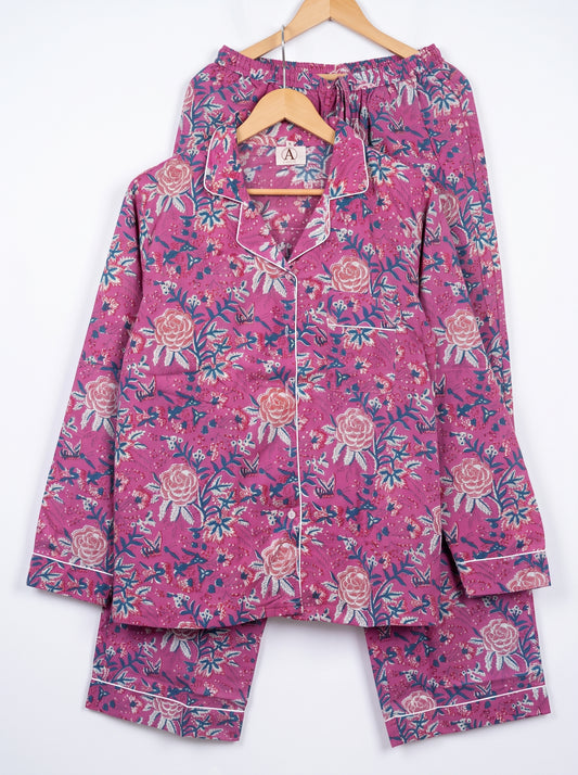 Women’s Pink Bloom Riot – Elegant Two Piece Cotton Pajama Set
