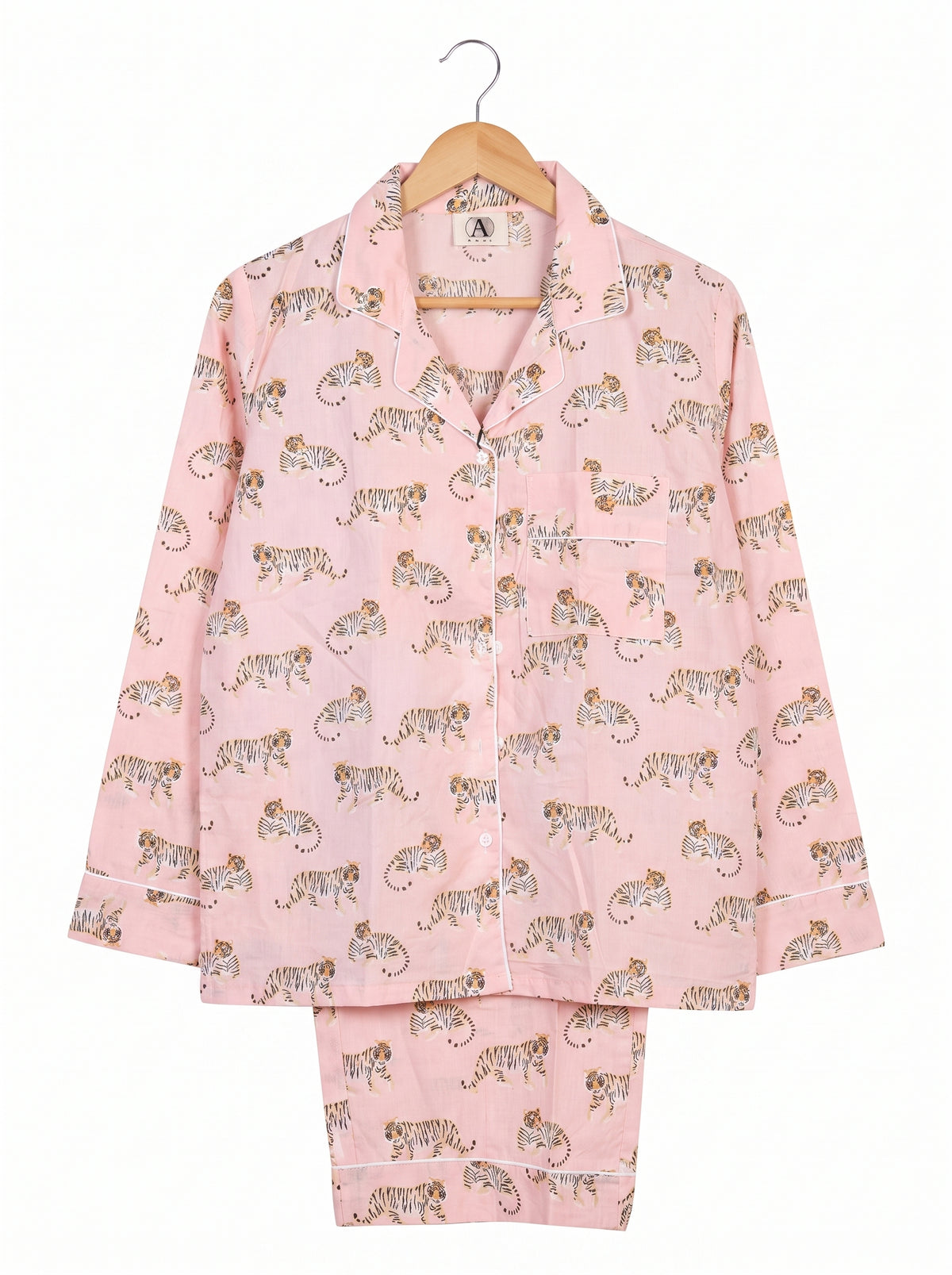 Women’s Mini Pink Tiger Riot – Elegant Two Piece Cotton Pajama Set