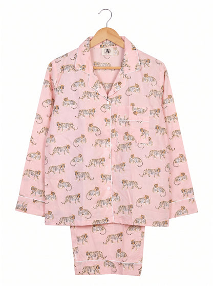 Women’s Mini Pink Tiger Riot – Elegant Two Piece Cotton Pajama Set