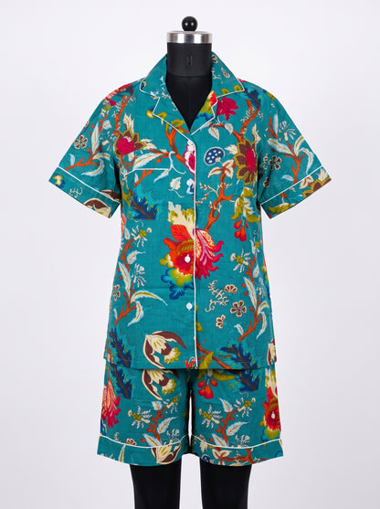 Women’s Teal Crimson – Elegant Two Piece Short Pajama Set