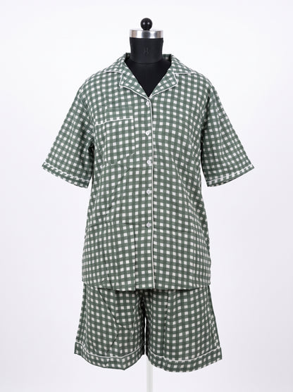 Women’s Green Checkered Crimson – Elegant Two Piece Short Pajama Set