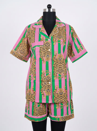 Women’s Green Pink Stripes Tiger – Elegant Two Piece Short Pajama Set