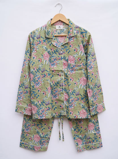 Women’s Green Pink Blossom – Elegant Two Piece Cotton Pajama Set
