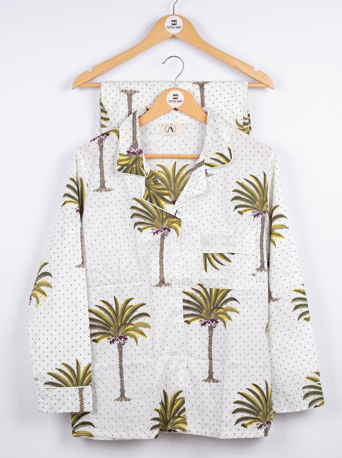 Women’s White Palm Tree – Elegant Two Piece Cotton Pajama Set