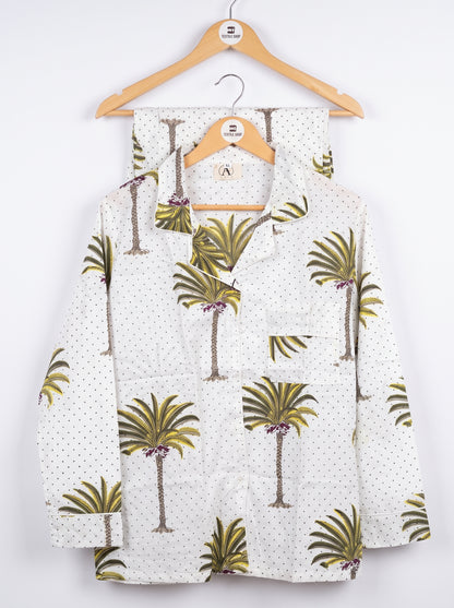 Women’s White Palm Tree – Elegant Two Piece Cotton Pajama Set