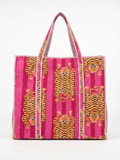Pink Stripes Tiger Tibetan  – Wander Tote Bag 18x18