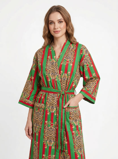 Tiger Red-Green Stripes – Women’s Cotton Kimono