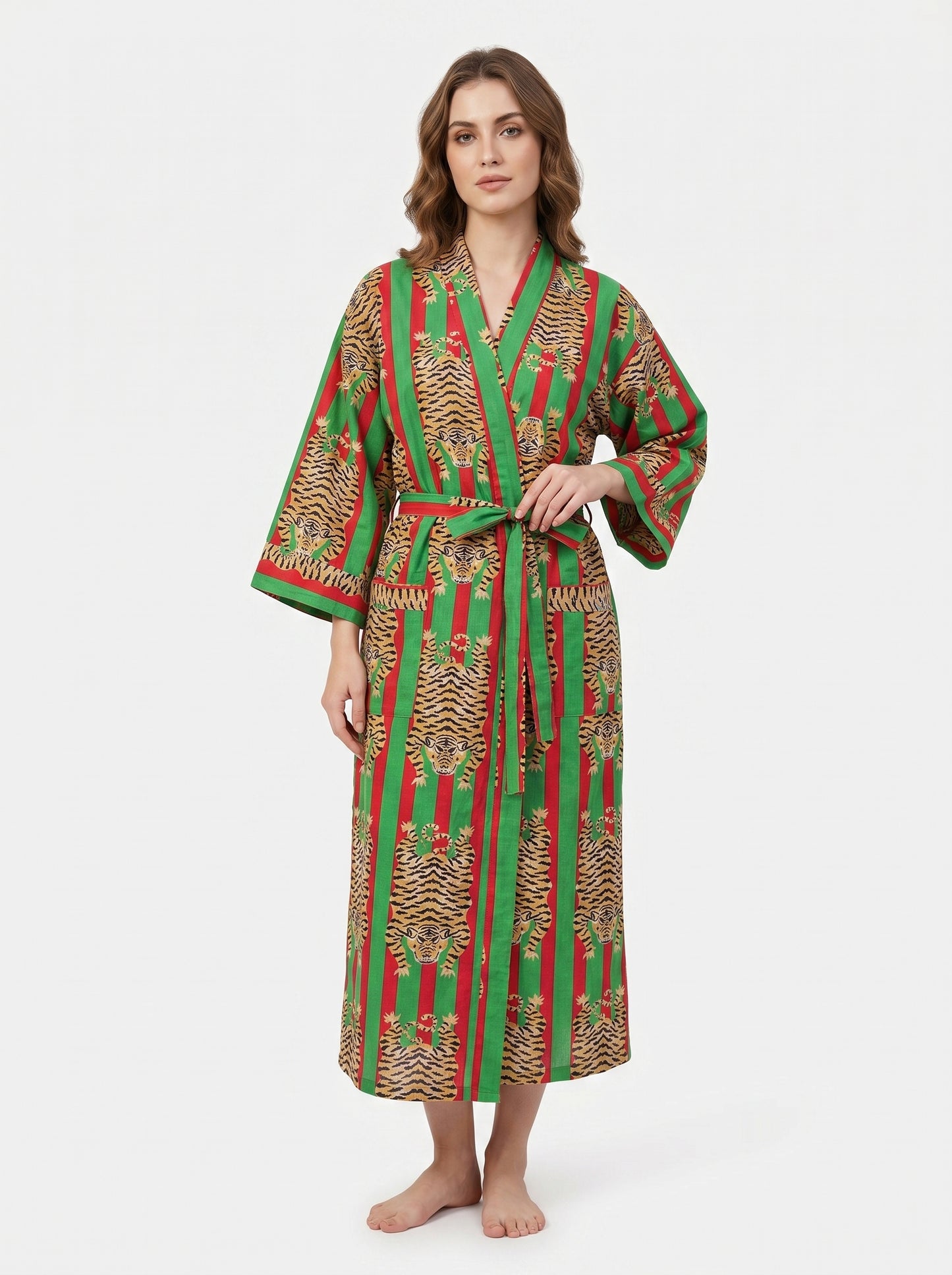 Tiger Red-Green Stripes – Women’s Cotton Kimono
