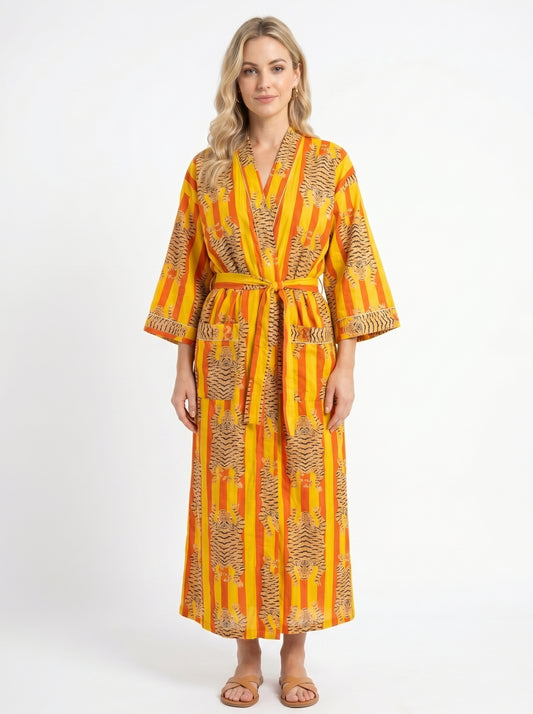 Tiger Yellow-Orange Stripes – Women’s Cotton Kimono