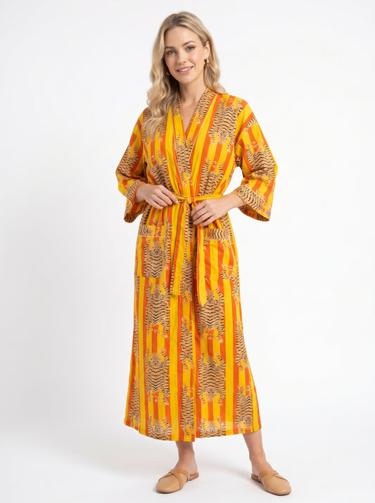 Tiger Yellow-Orange Stripes – Women’s Cotton Kimono